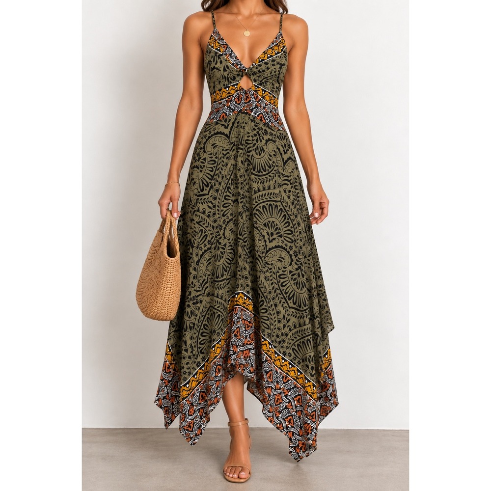 Angie Green Paisley Handkerchief Hem Boho Maxi Dress Small V-Neck Twist Front